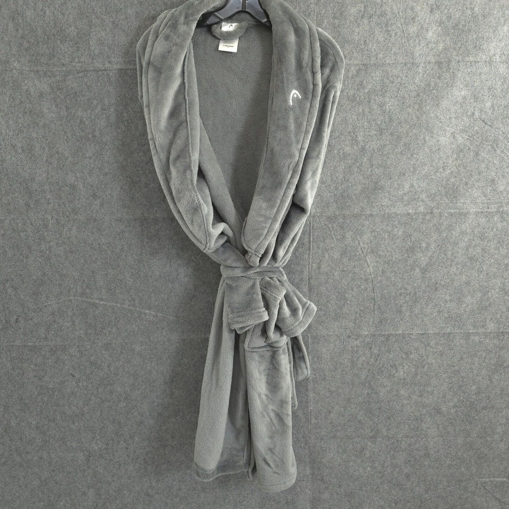 Head Men's Hooded Robe One Size Gray Pockets Fleece Tie Waist Polyester